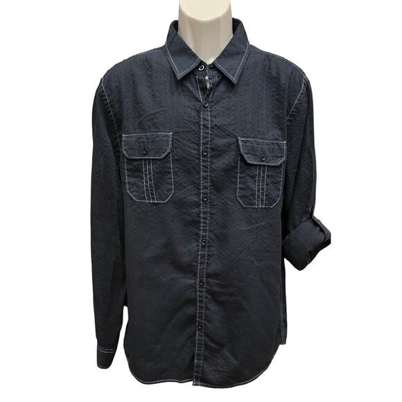 Michael Brandon slim fit XL grunge black roll tab sleeve moto comfort button up - Picture 1 of 5